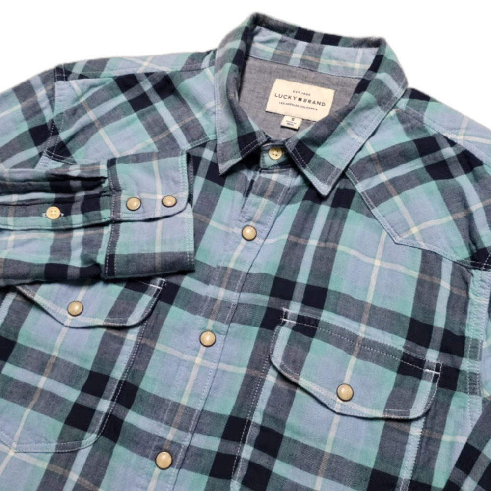 Lucky Brand Pearl Snap Western Shirt Mens S‎ Sugar Magic Blue Plaid
